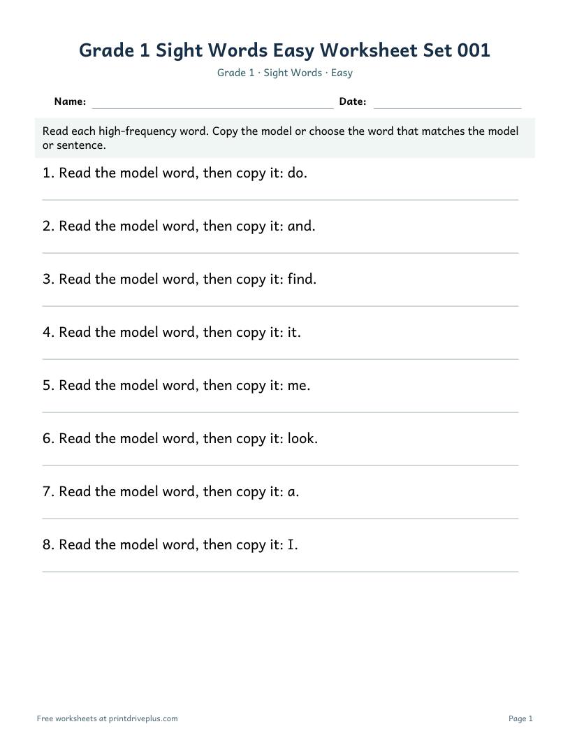 Preview of Grade 1 Sight Words Easy Worksheet Set 001