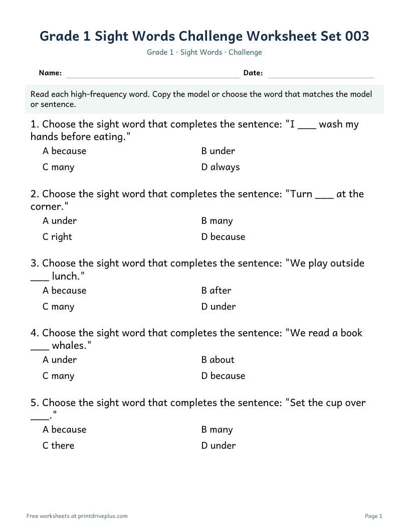 Preview of Grade 1 Sight Words Challenge Worksheet Set 003
