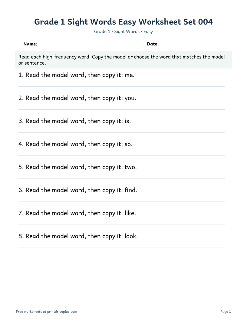 Preview of Grade 1 Sight Words Easy Worksheet Set 004