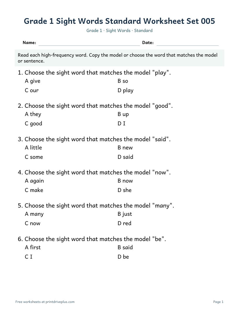 Preview of Grade 1 Sight Words Standard Worksheet Set 005