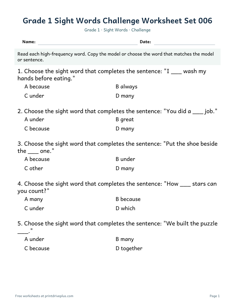 Preview of Grade 1 Sight Words Challenge Worksheet Set 006