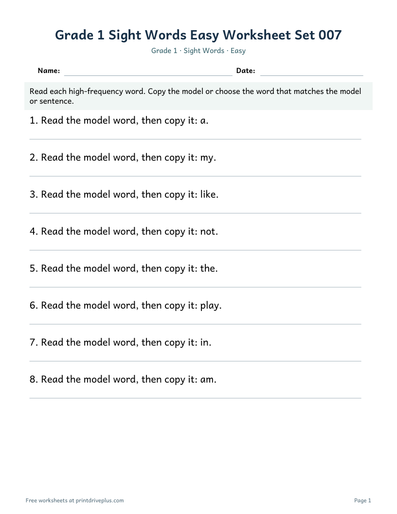Preview of Grade 1 Sight Words Easy Worksheet Set 007