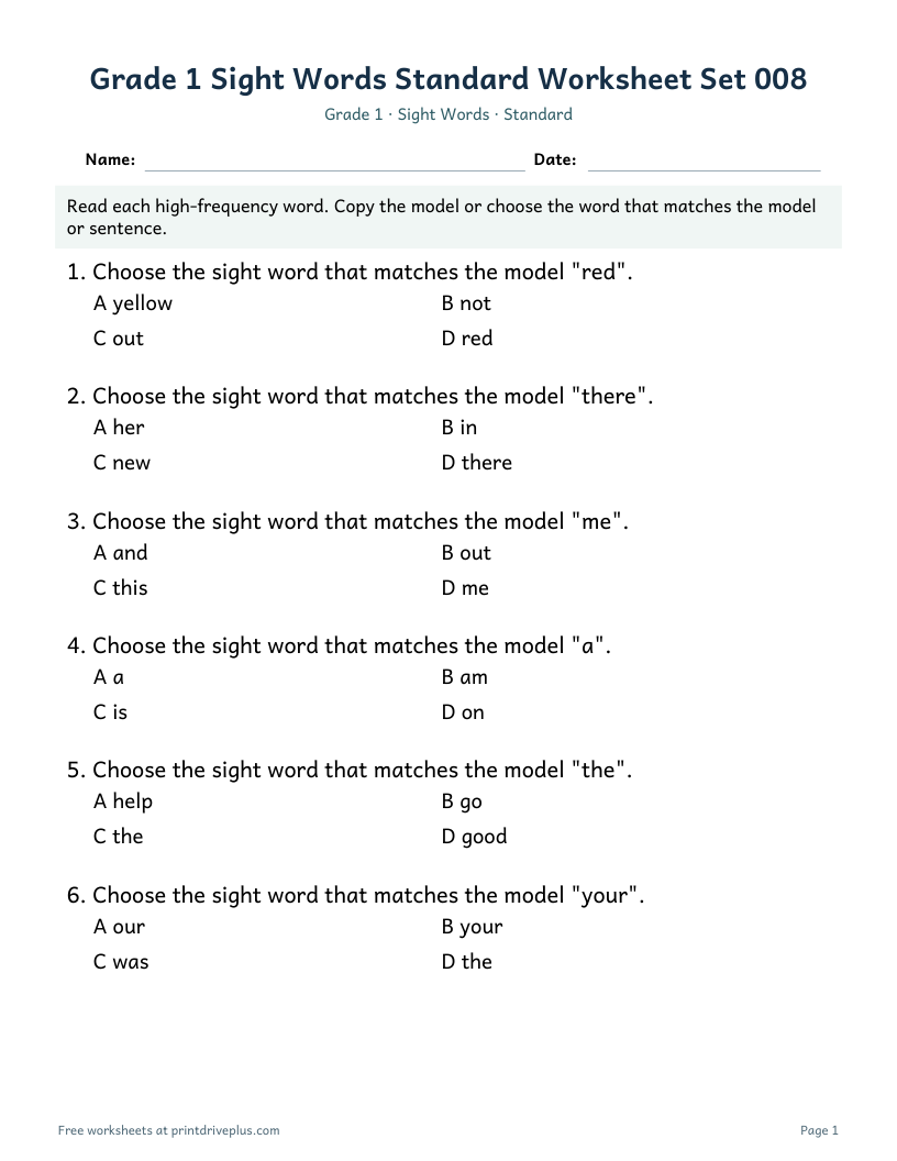Preview of Grade 1 Sight Words Standard Worksheet Set 008