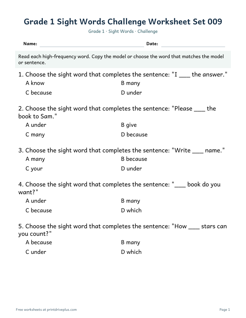 Preview of Grade 1 Sight Words Challenge Worksheet Set 009