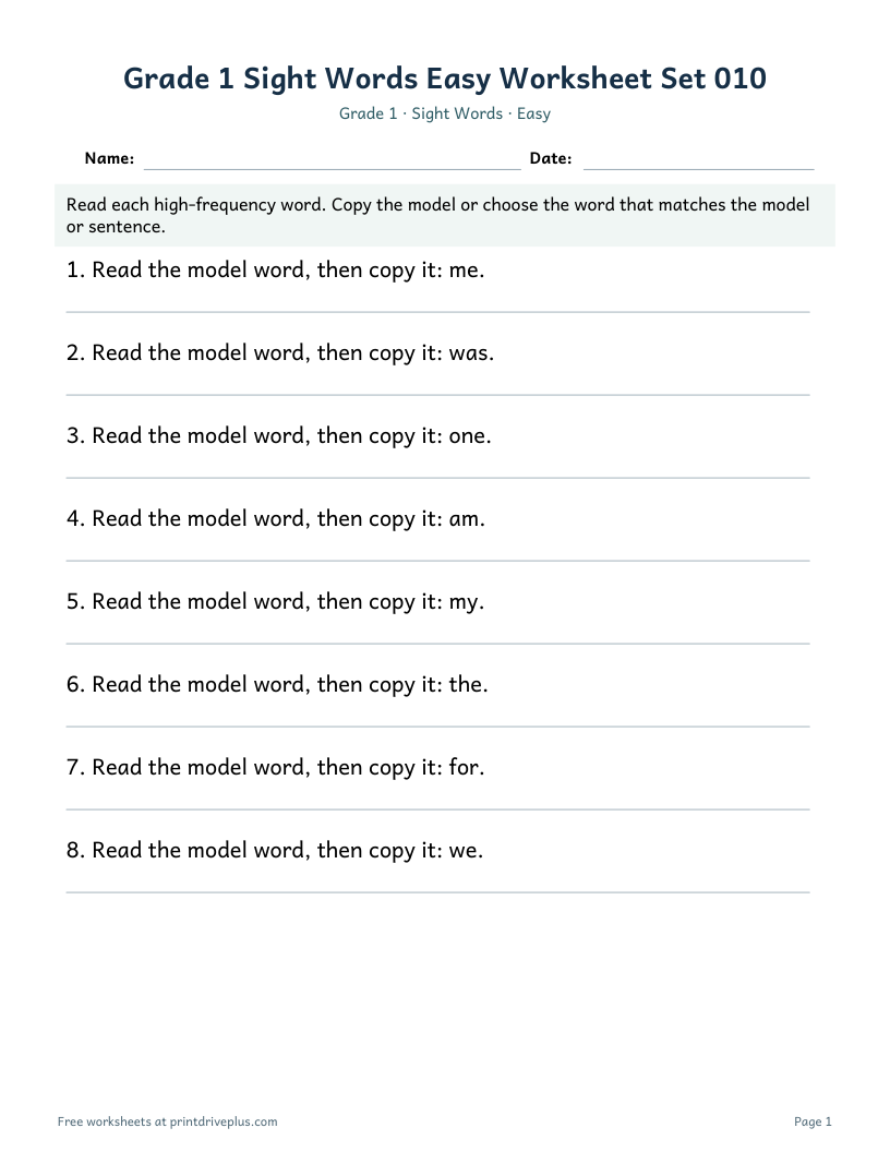 Preview of Grade 1 Sight Words Easy Worksheet Set 010
