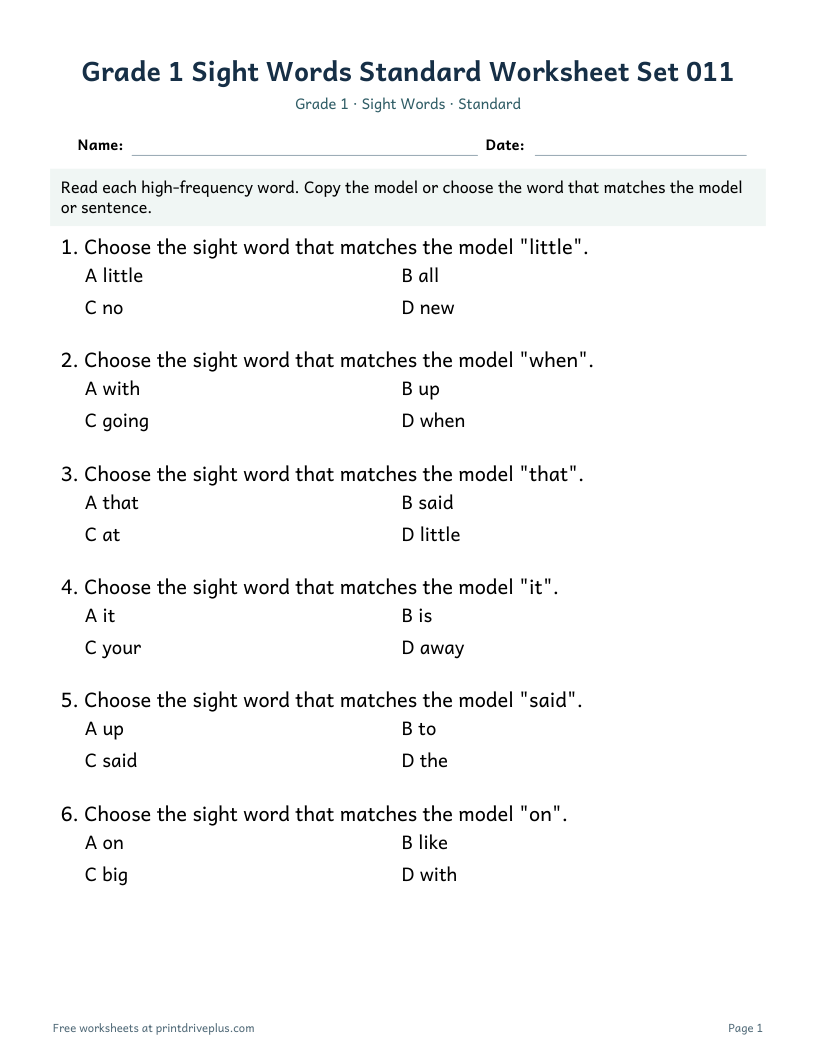 Preview of Grade 1 Sight Words Standard Worksheet Set 011
