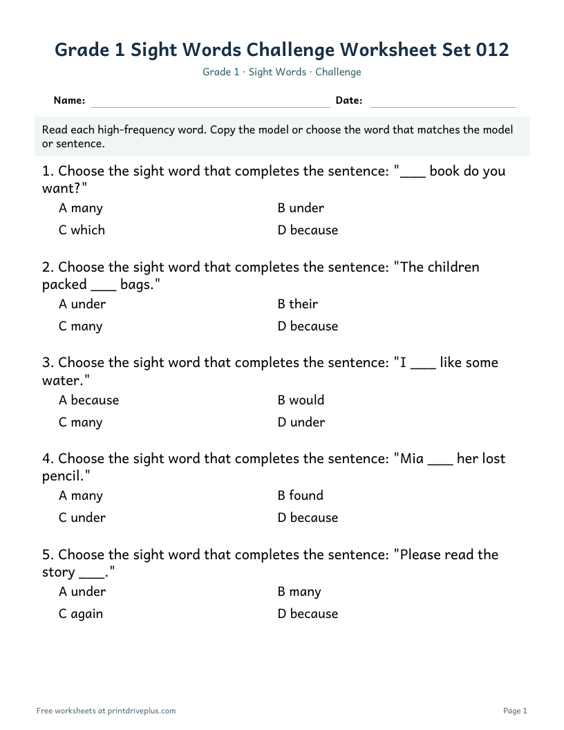 Preview of Grade 1 Sight Words Challenge Worksheet Set 012