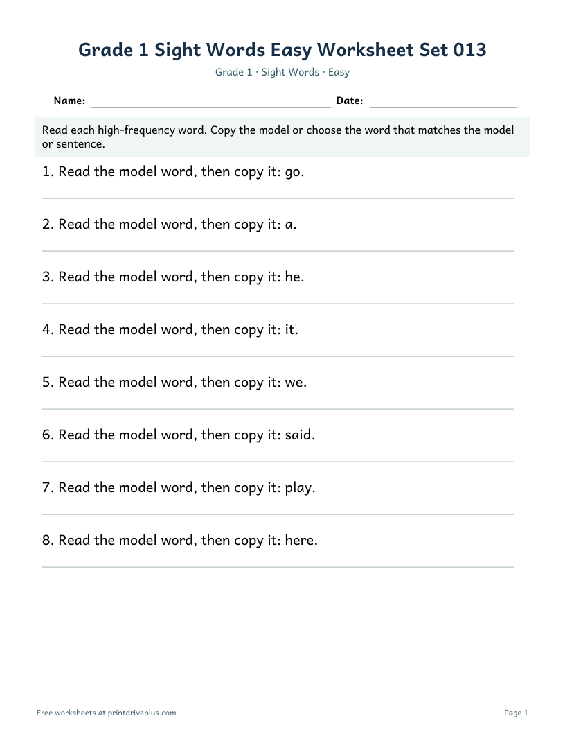 Preview of Grade 1 Sight Words Easy Worksheet Set 013