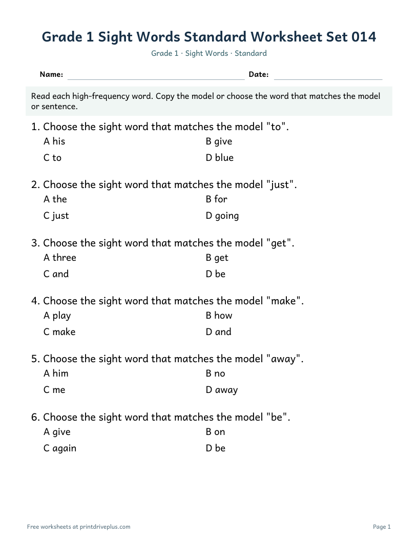 Preview of Grade 1 Sight Words Standard Worksheet Set 014