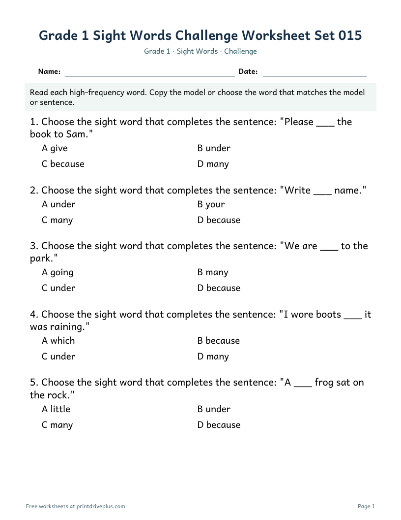 Preview of Grade 1 Sight Words Challenge Worksheet Set 015