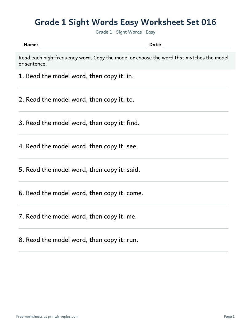 Preview of Grade 1 Sight Words Easy Worksheet Set 016