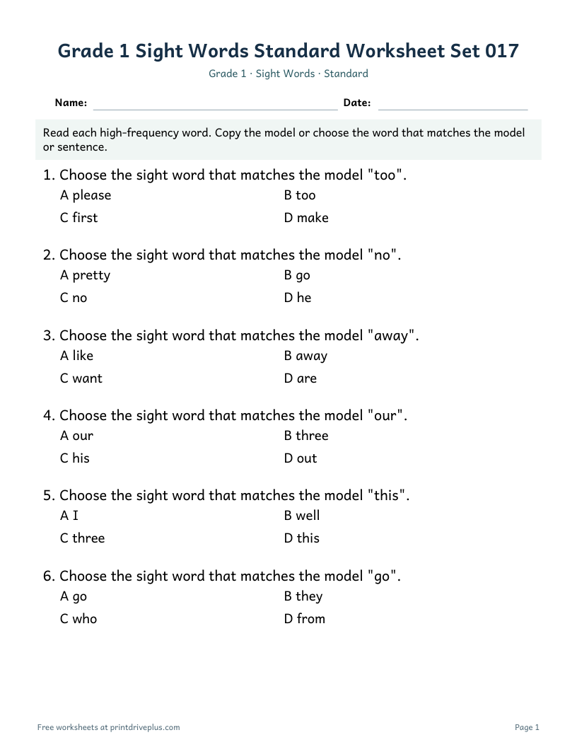 Preview of Grade 1 Sight Words Standard Worksheet Set 017