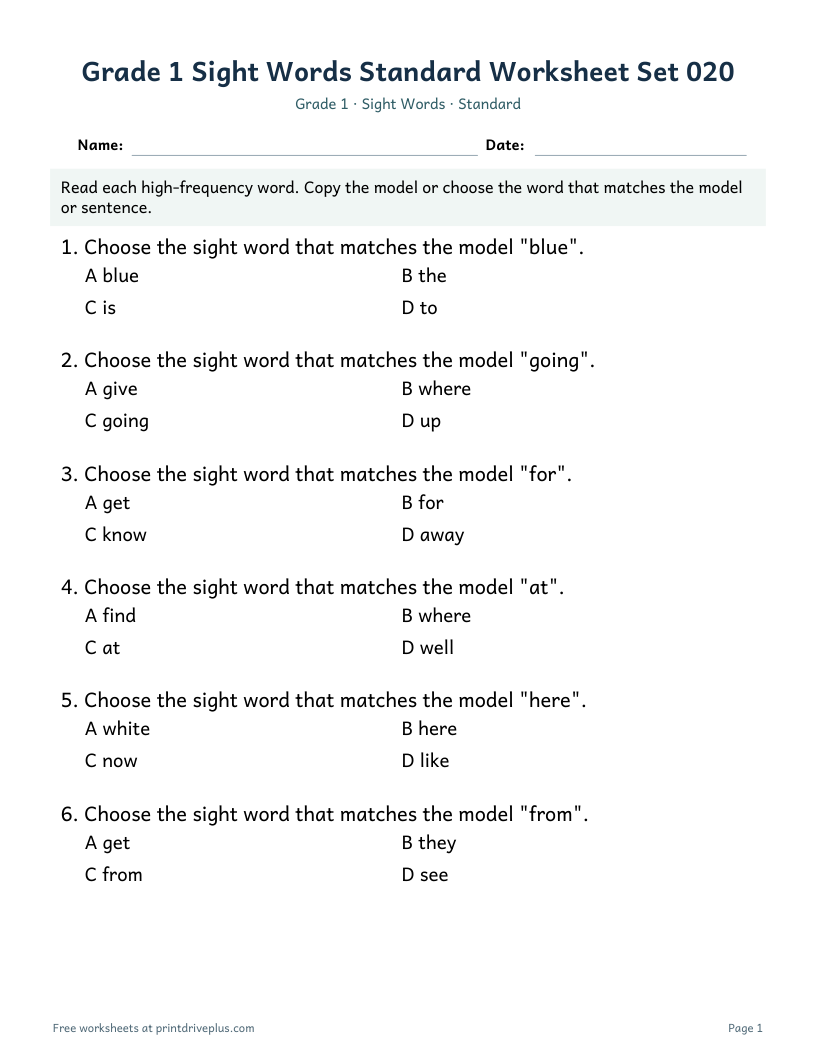 Preview of Grade 1 Sight Words Standard Worksheet Set 020
