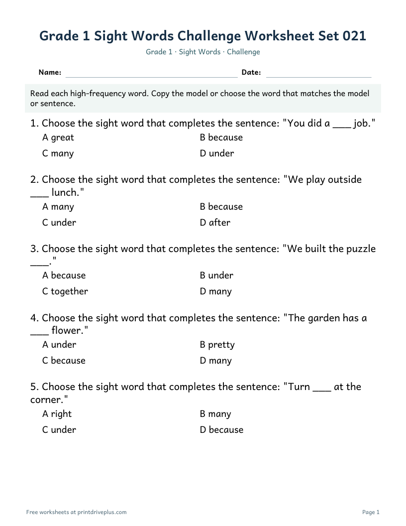 Preview of Grade 1 Sight Words Challenge Worksheet Set 021