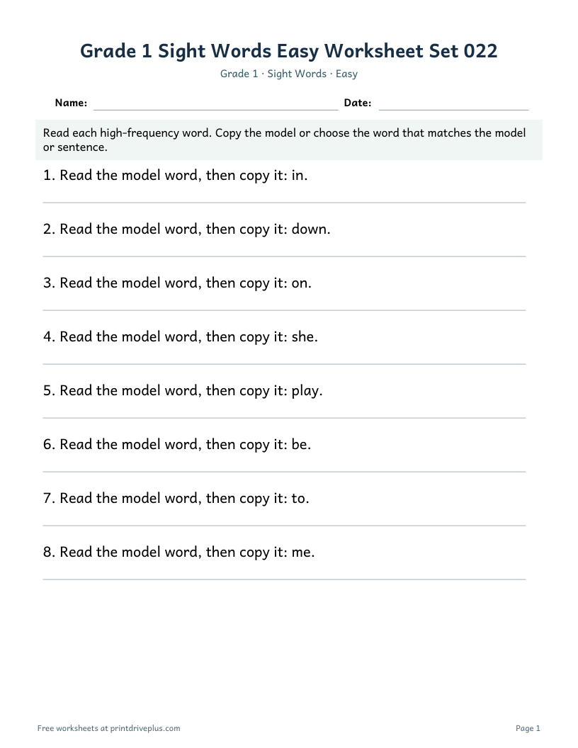 Preview of Grade 1 Sight Words Easy Worksheet Set 022