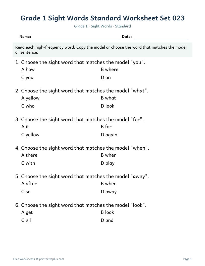 Preview of Grade 1 Sight Words Standard Worksheet Set 023