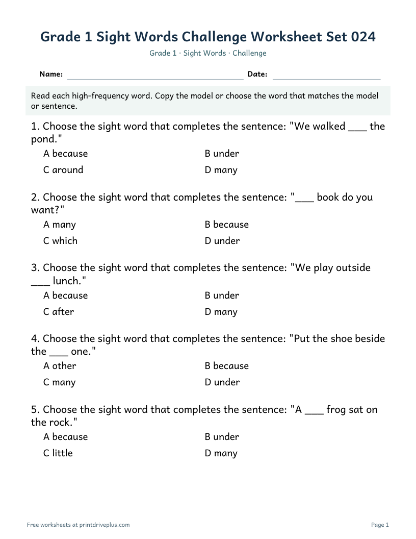 Preview of Grade 1 Sight Words Challenge Worksheet Set 024