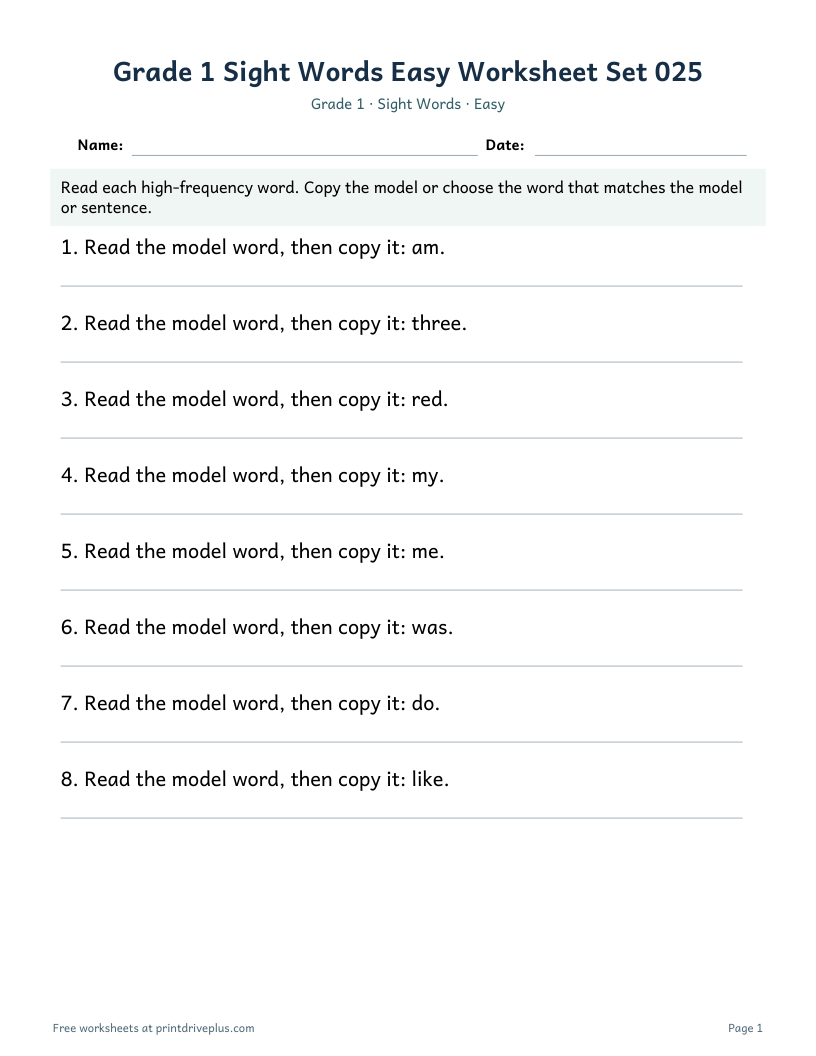 Preview of Grade 1 Sight Words Easy Worksheet Set 025