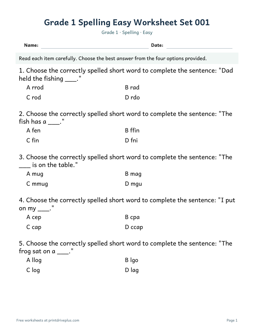 Preview of Grade 1 Spelling Easy Worksheet Set 001