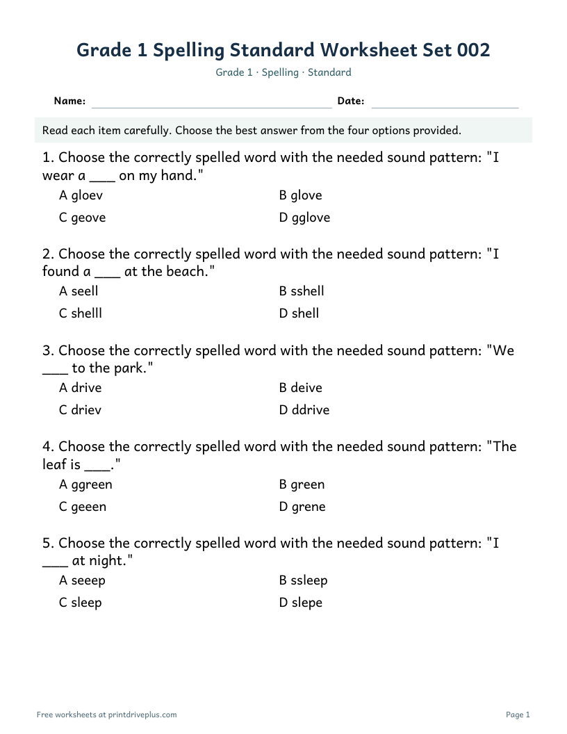 Preview of Grade 1 Spelling Standard Worksheet Set 002