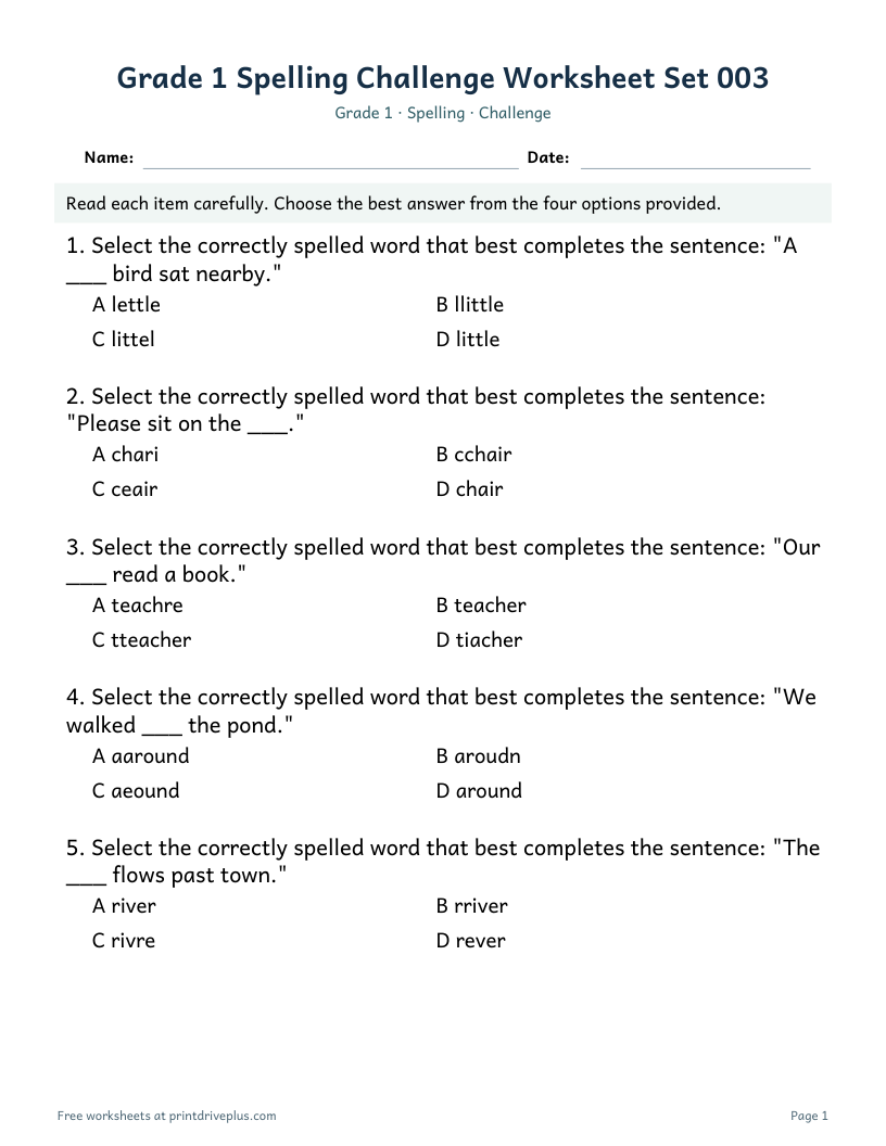 Preview of Grade 1 Spelling Challenge Worksheet Set 003