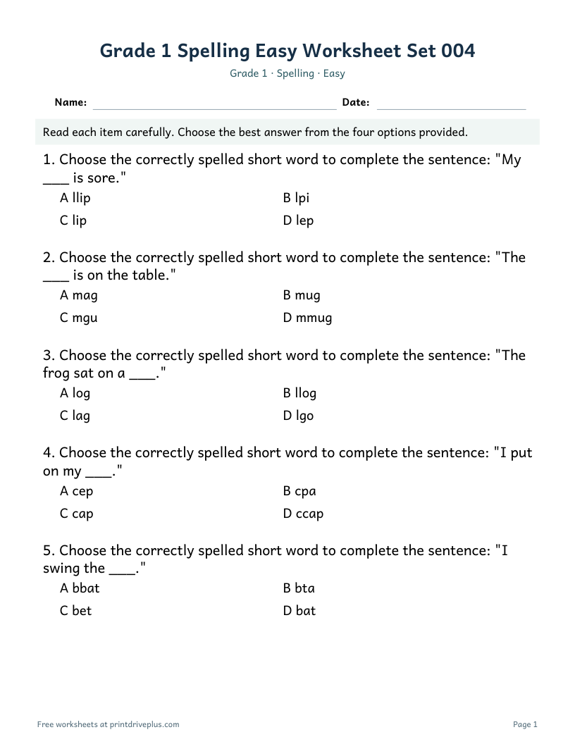 Preview of Grade 1 Spelling Easy Worksheet Set 004