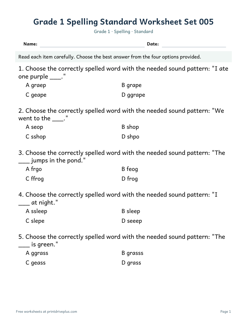 Preview of Grade 1 Spelling Standard Worksheet Set 005