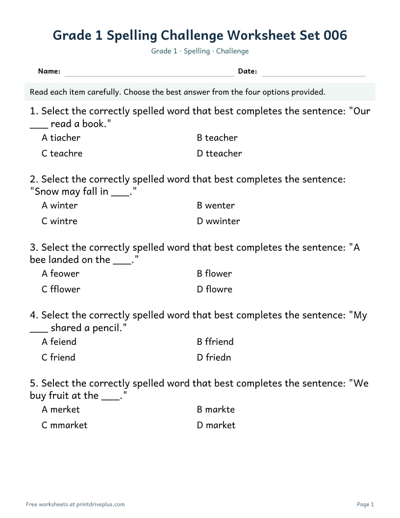 Preview of Grade 1 Spelling Challenge Worksheet Set 006