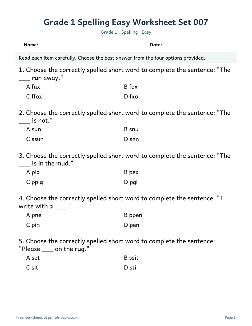 Preview of Grade 1 Spelling Easy Worksheet Set 007