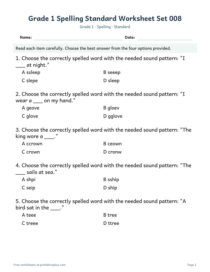 Preview of Grade 1 Spelling Standard Worksheet Set 008
