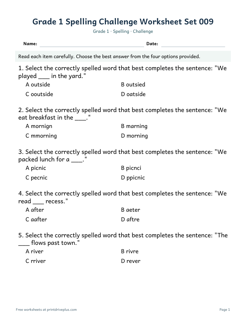 Preview of Grade 1 Spelling Challenge Worksheet Set 009