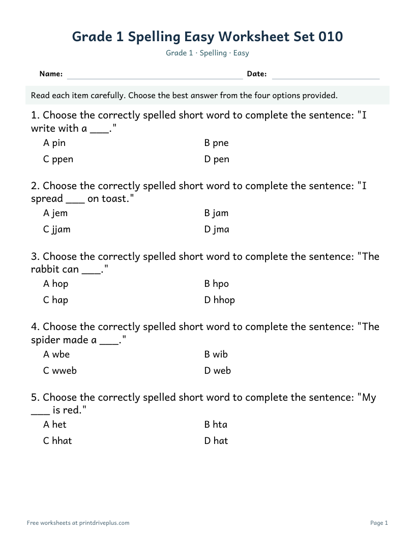 Preview of Grade 1 Spelling Easy Worksheet Set 010