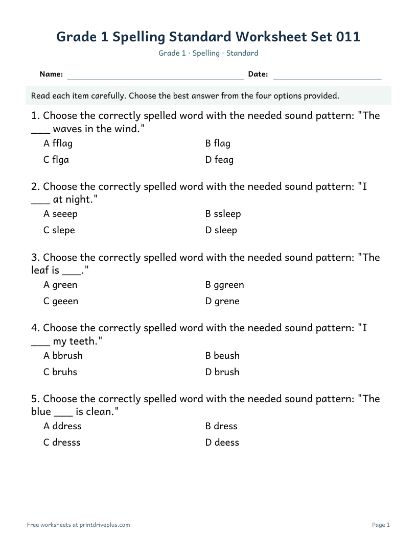 Preview of Grade 1 Spelling Standard Worksheet Set 011