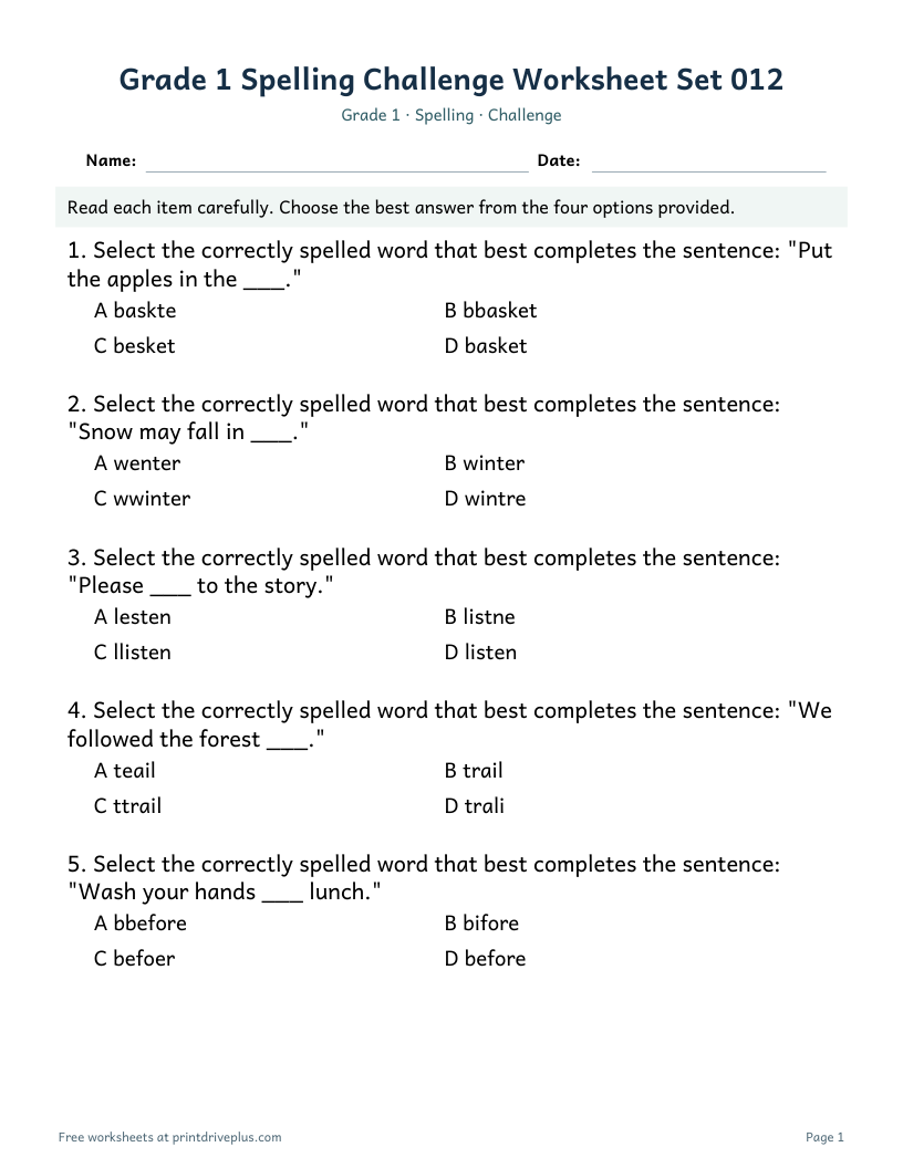 Preview of Grade 1 Spelling Challenge Worksheet Set 012