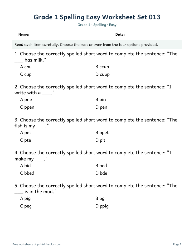 Preview of Grade 1 Spelling Easy Worksheet Set 013