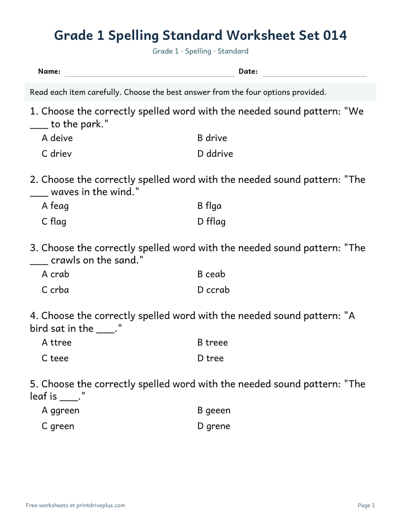 Preview of Grade 1 Spelling Standard Worksheet Set 014