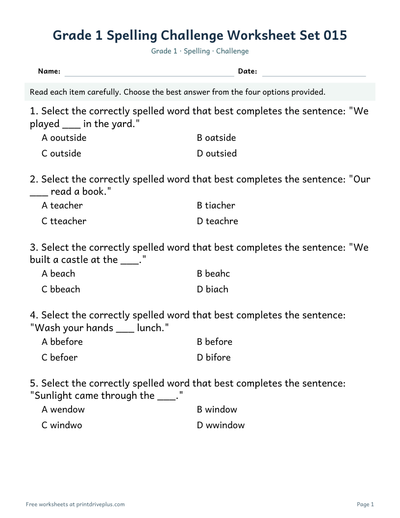 Preview of Grade 1 Spelling Challenge Worksheet Set 015