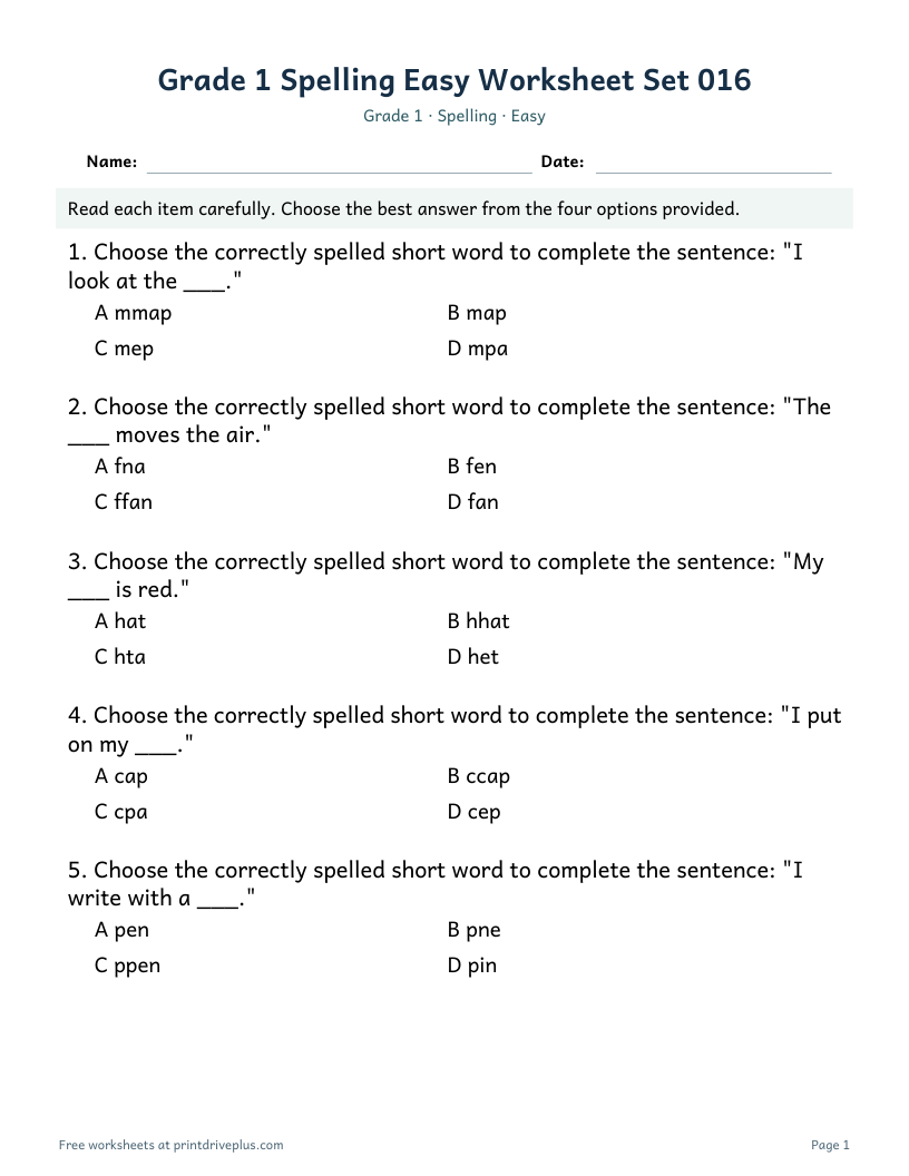 Preview of Grade 1 Spelling Easy Worksheet Set 016