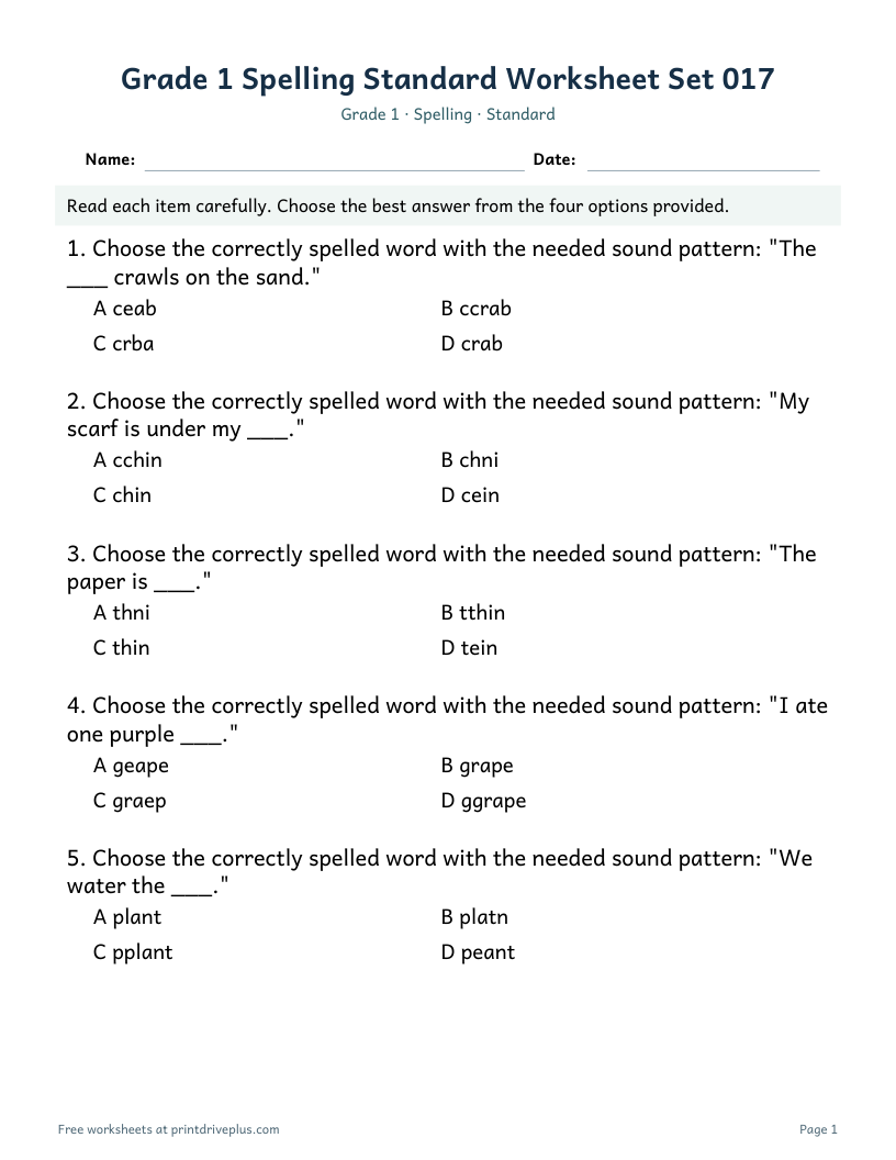 Preview of Grade 1 Spelling Standard Worksheet Set 017