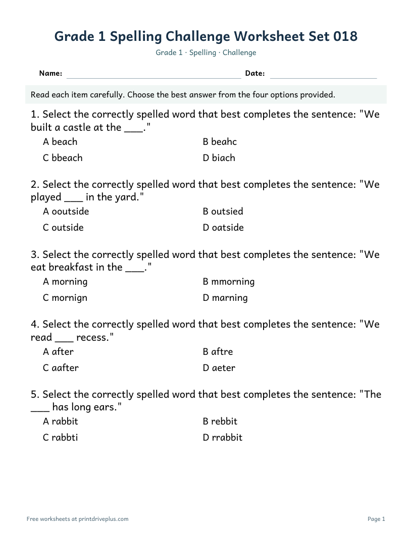Preview of Grade 1 Spelling Challenge Worksheet Set 018