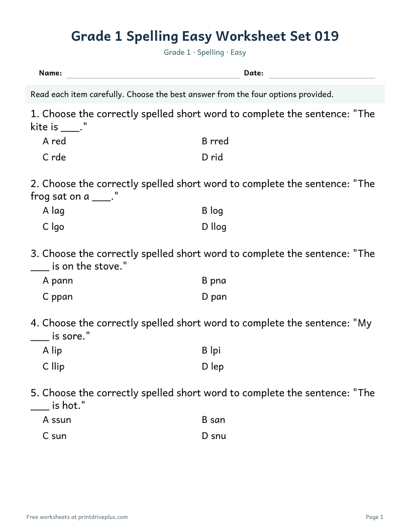 Preview of Grade 1 Spelling Easy Worksheet Set 019