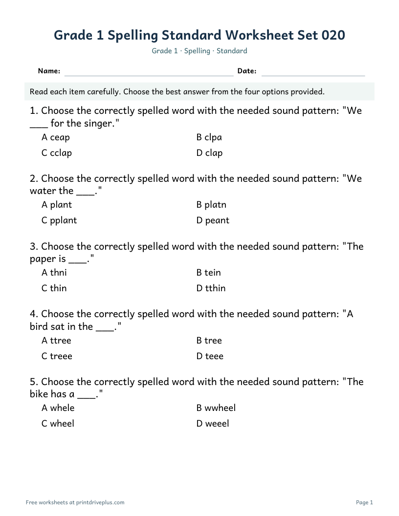 Preview of Grade 1 Spelling Standard Worksheet Set 020