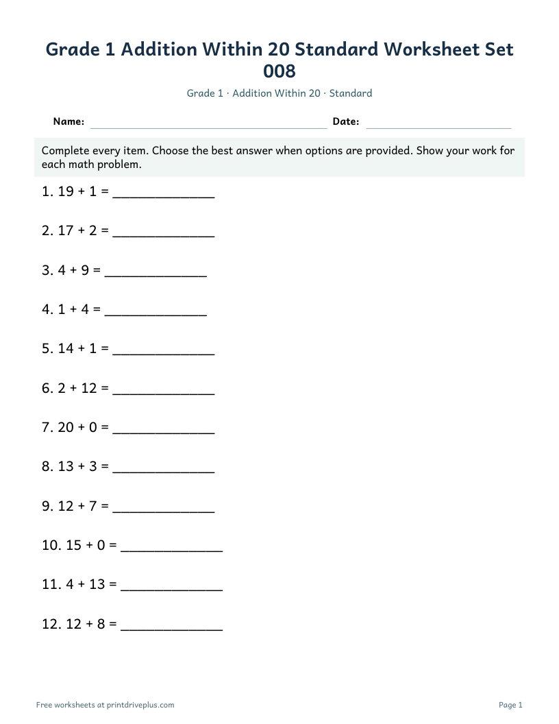 Preview of Grade 1 Addition Within 20 Standard Worksheet Set 008