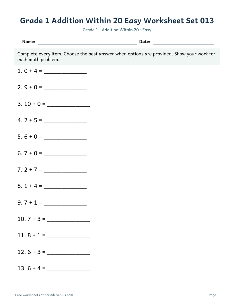 Preview of Grade 1 Addition Within 20 Easy Worksheet Set 013
