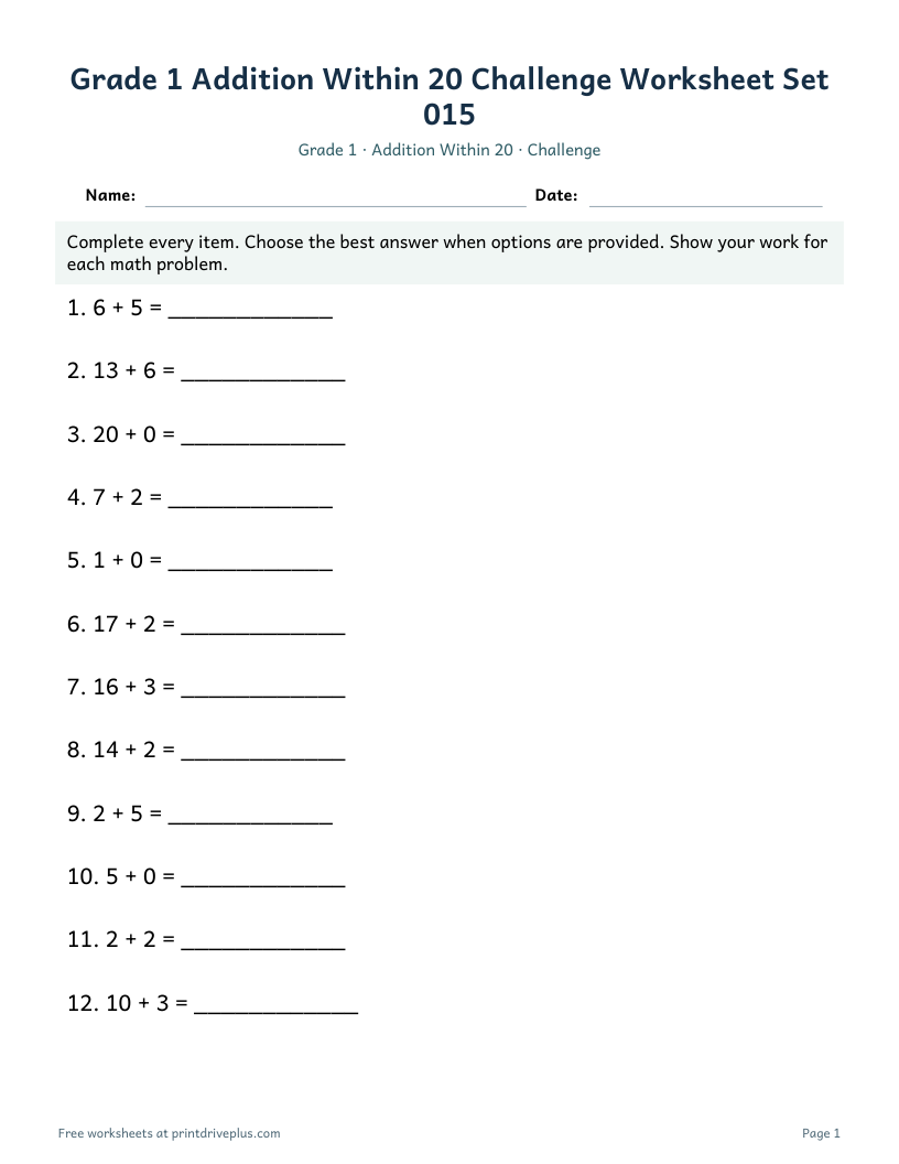 Preview of Grade 1 Addition Within 20 Challenge Worksheet Set 015