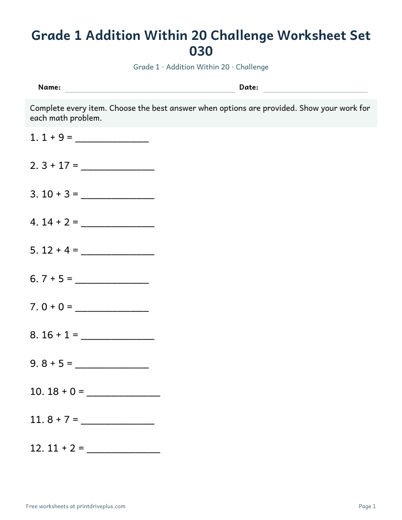 Preview of Grade 1 Addition Within 20 Challenge Worksheet Set 030