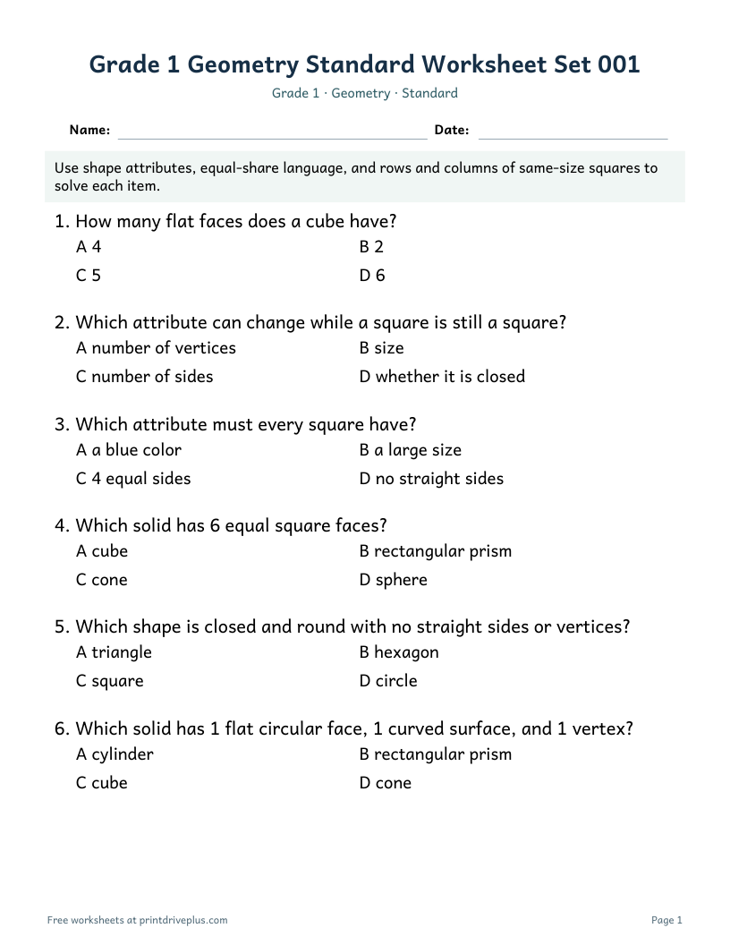 Preview of Grade 1 Geometry Standard Worksheet Set 001