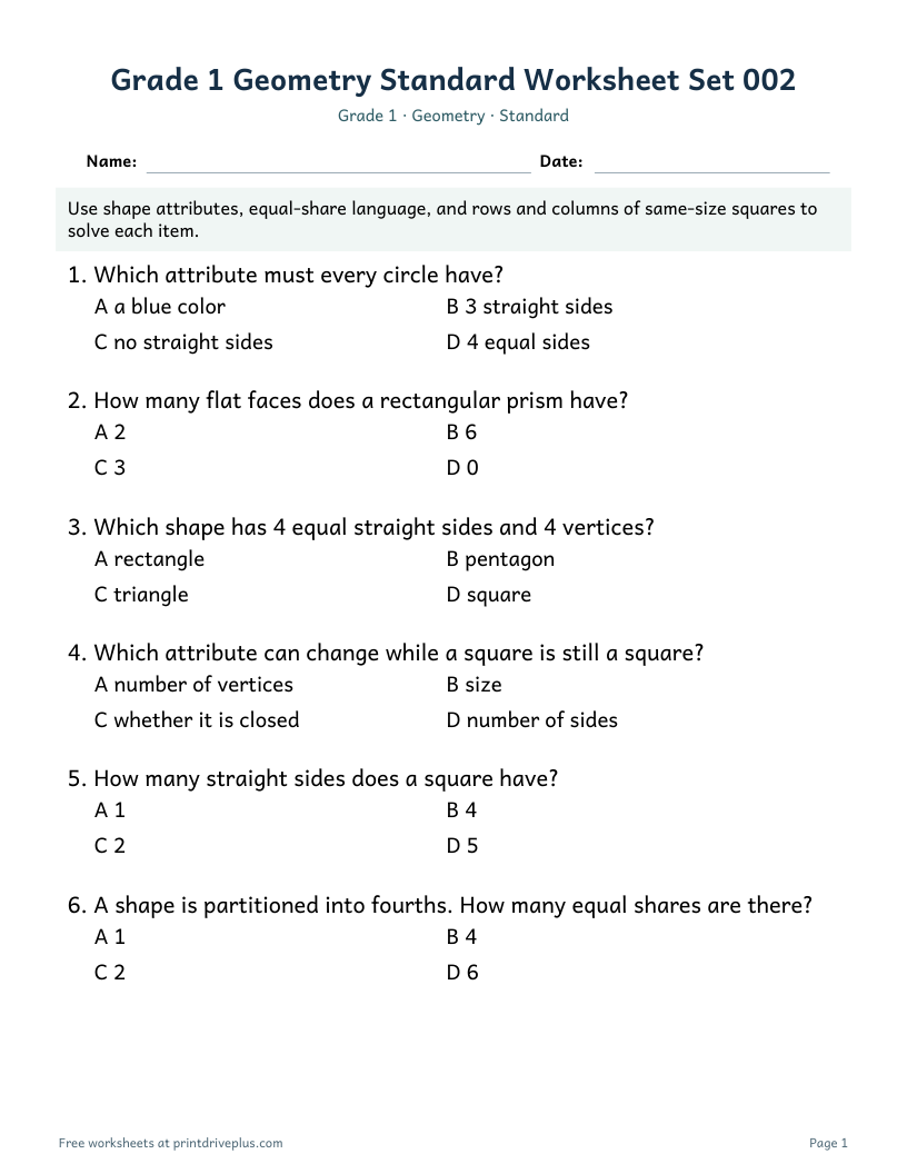 Preview of Grade 1 Geometry Standard Worksheet Set 002
