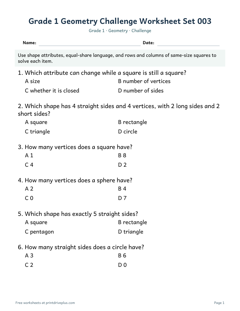 Preview of Grade 1 Geometry Challenge Worksheet Set 003