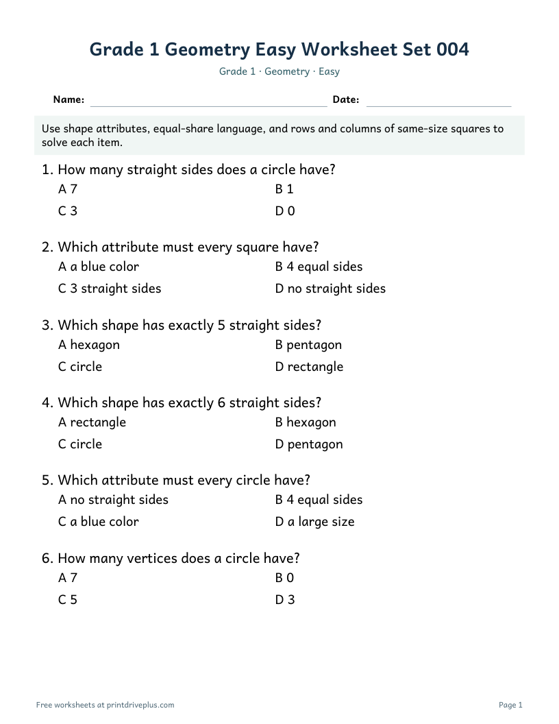 Preview of Grade 1 Geometry Easy Worksheet Set 004